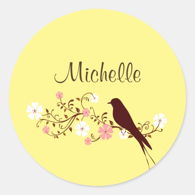 Script template with pretty bird detailed flourish classic round sticker (Front)