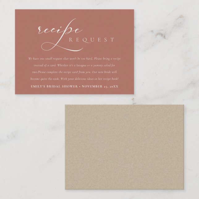 Script Terracotta Recipe Request Bridal Shower Enclosure Card (Front/Back)