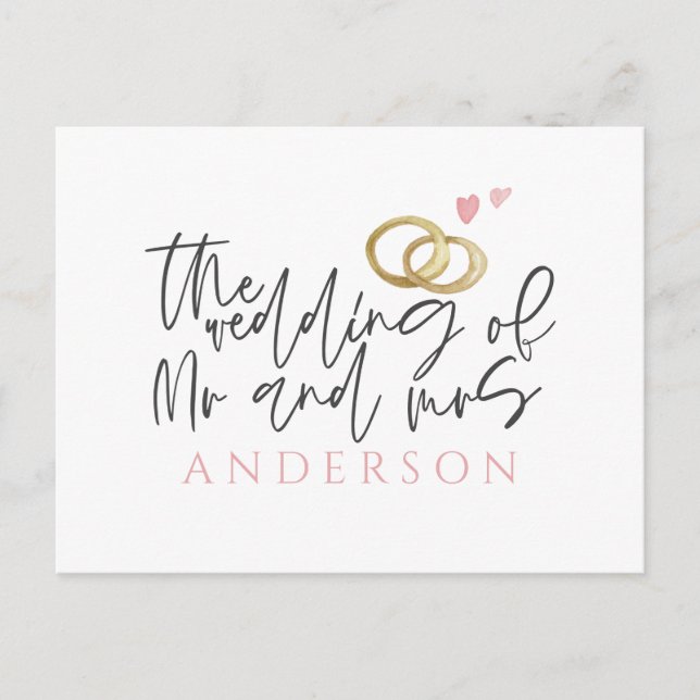 Script text and wedding rings announcement postcard (Front)