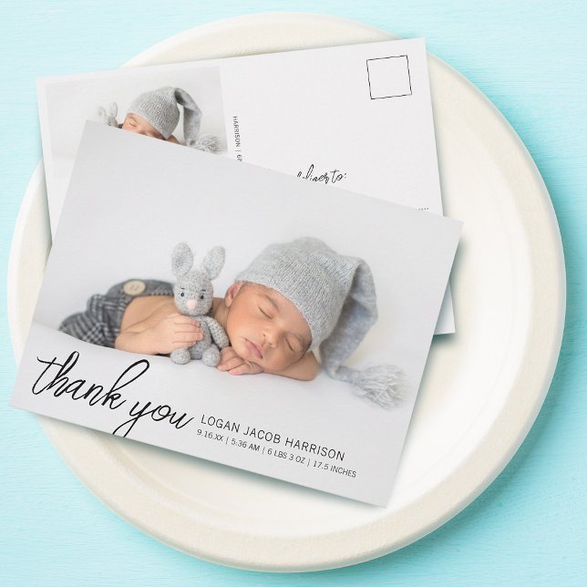 Script Thank You Two Photos Birth Announcement Postcard (Script Thank You Two Photos Birth Announcement Postcard)