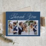 Script Three Photo Collage Blue Wedding Thank You Card<br><div class="desc">Send thanks to family and friends for being part of your event with this customisable photo collage thank you card. It features elegant script and simple typography. Personalised by adding your own details and featuring your favourite wedding photos. This photo thank you card will also be perfect for baby showers,...</div>