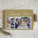 Script Three Photo Collage Gold Wedding Thank You Card<br><div class="desc">Send thanks to family and friends for being part of your event with this customisable photo collage thank you card. It features elegant script and simple typography. Personalised by adding your own details and featuring your favourite wedding photos. This photo thank you card will also be perfect for baby showers,...</div>