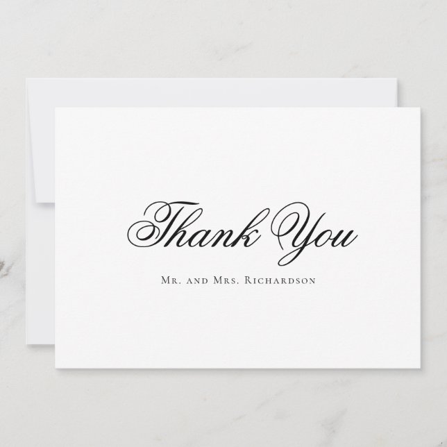 Script Typography Black White Wedding Photo Thank You Card (Front)