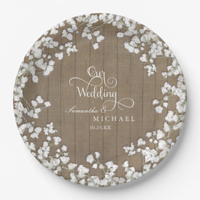 Script Typography Country Western Baby's Breath Paper Plate (Front)