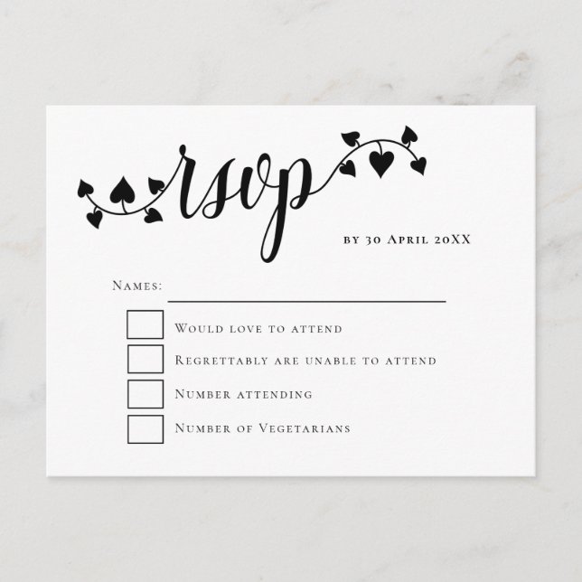 Script typography hearts Swashes Wedding RSVP Postcard (Front)