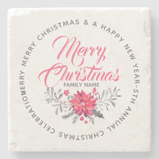 Script Typography Merry Christmas Floral Bouquet Stone Coaster (Front)