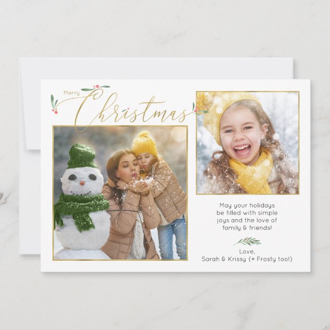 Script Typography Minimalist 2-Photo Gold & White Holiday Card (Front)