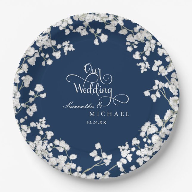 Script Typography Our Wedding Baby's Breath Rustic Paper Plate (Front)