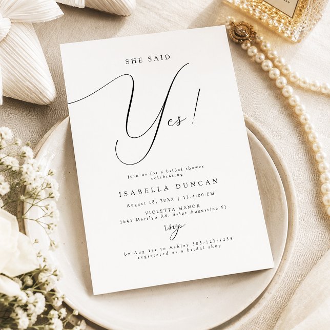 Script Typography She Said Yes Bridal Shower Invitation (Chic Calligraphy Script She Said Yes Bridal Shower Invitation)