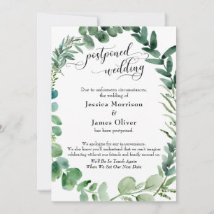 Script w/ Eucalyptus Wreath Postponed Wedding Card