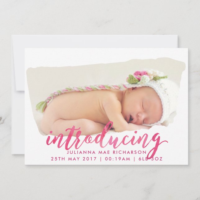 Script Watercolor Brush Stroke Birth Announcement (Front)