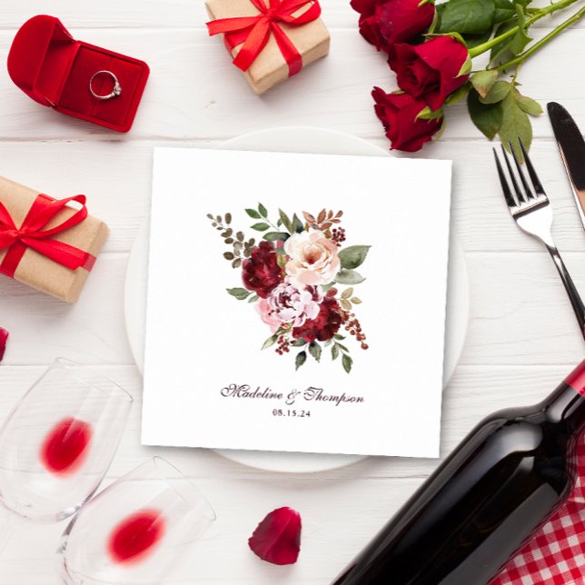 Script Watercolor Burgundy Red Floral Wedding Napkin (Creator Uploaded)