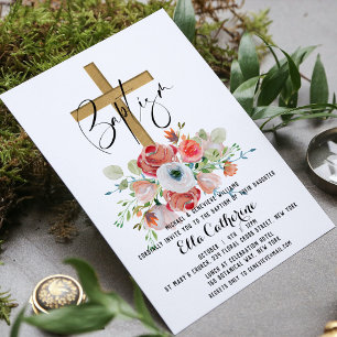 Script Watercolor Floral Cross Baptism Invitation