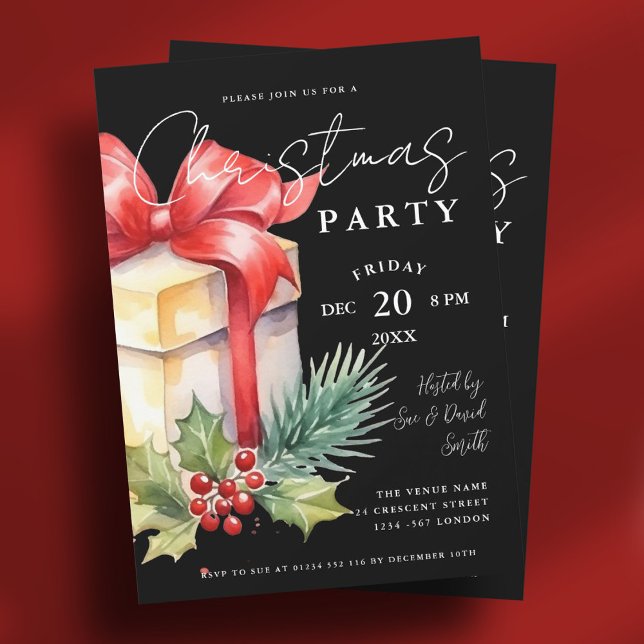 Script Watercolor Gift Xmas Holiday Party Black Invitation (Script Watercolor Gift Xmas Holiday Party Black Invitation)