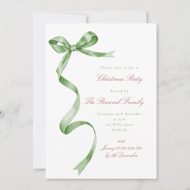Script Watercolor Green Ribbon Bow Christmas Party Invitation (Front)