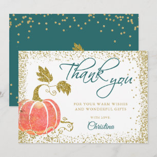 Script Watercolor Pumpkin Glitter Fall Thank You Card