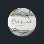 Script Watercolor Rustic Wood Wedding Bridesmaid 3 Cm Round Badge<br><div class="desc">A beautiful button for your bridesmaid featuring "bridesmaid" in a script font and her name below all framed by a handpainted watercolor botanical and set against a weathered wood blue background. Easily change "bridesmaid" to Maid of Honour, Mother of the Bride, Groom, etc. Simple and Elegant with a rustic chic...</div>