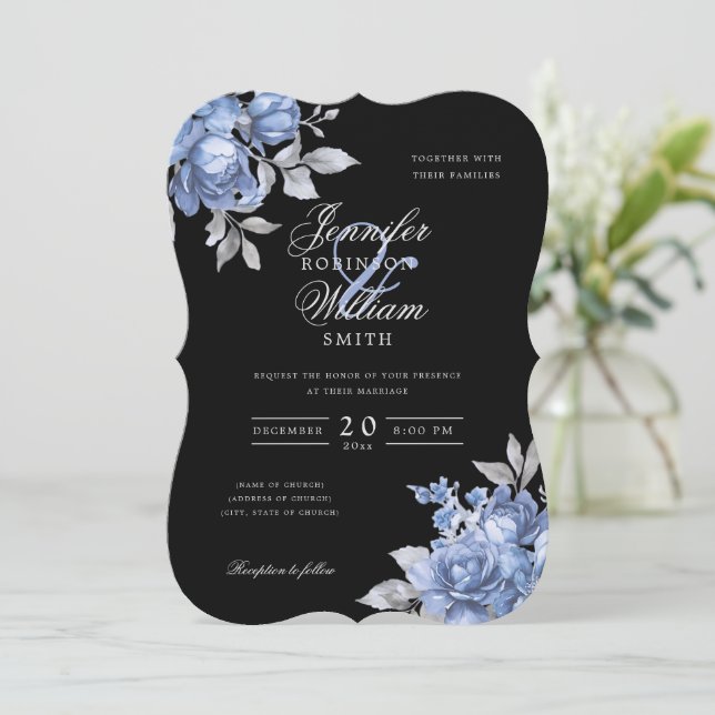 Script Wedding Dusty Blue Rustic Floral Black  Invitation (Standing Front)
