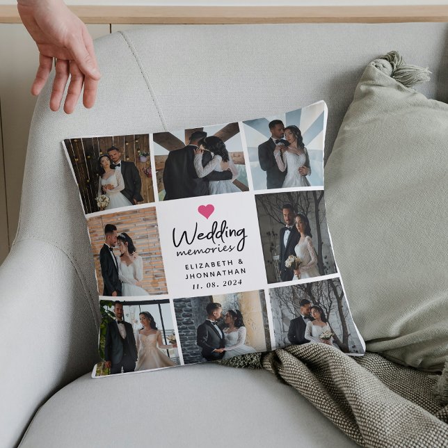 Script Wedding Memories Heart Couple Photo Collage Cushion (Creator Uploaded)