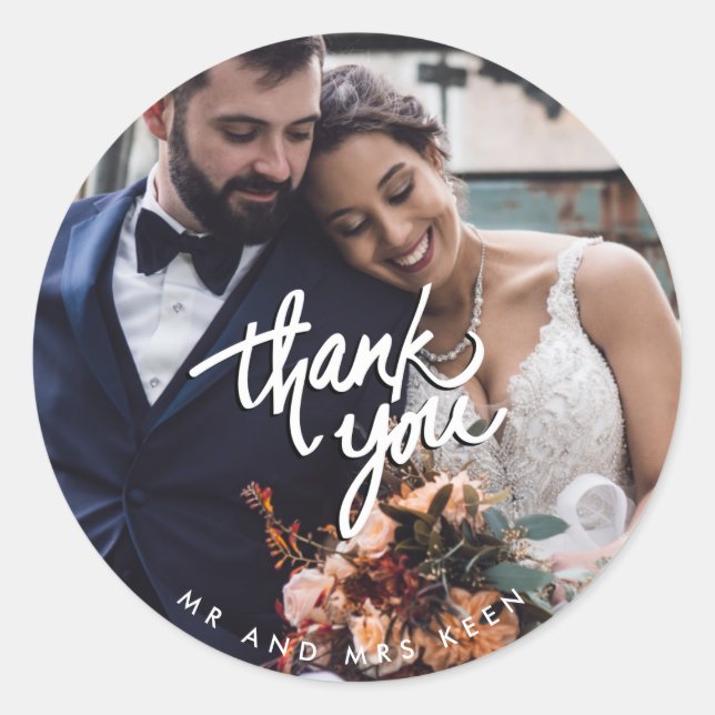 Script Wedding Mr and Mrs Photo Thank You Favour Classic Round Sticker (Front)