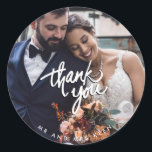 Script Wedding Mr and Mrs Photo Thank You Favour Classic Round Sticker<br><div class="desc">White script "thank you" design favour stickers with your photo and names. These Mr and Mrs thank you wedding stickers can be used for your wedding favours or as envelope seals on your thank you cards.</div>