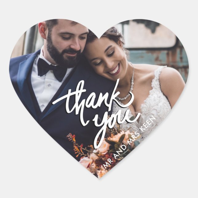 Script Wedding Photo Thank You Favour Heart Sticker (Front)