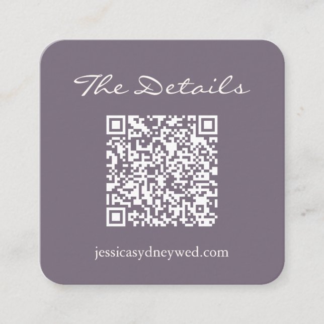 Script Wedding RSVP Details QR Code Dusty Purple Enclosure Card (Front)