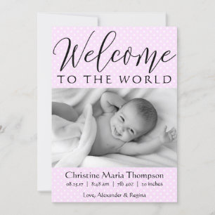 Script Welcome to the World pink polka dot photo Announcement