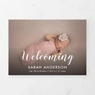 Script Welcoming Baby Photo Tri-Fold Announcement