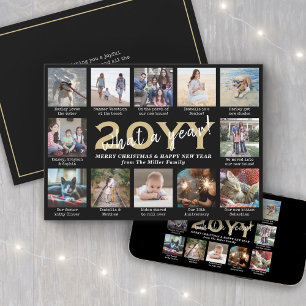 Script What a Year! 12 Photo Collage Black & Gold Holiday Card
