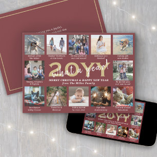Script What a Year! 12 Photo Collage Burgundy Gold Holiday Card