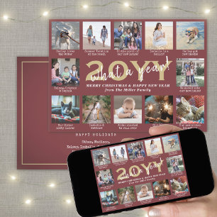 Script What a Year! 12 Photo Collage Burgundy Gold Holiday Card