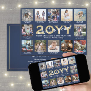 Script What a Year! 12 Photo Collage Navy and Gold Holiday Card