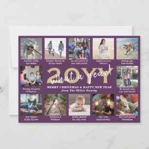 Script What a Year! 12 Photo Collage Purple & Gold Holiday Card