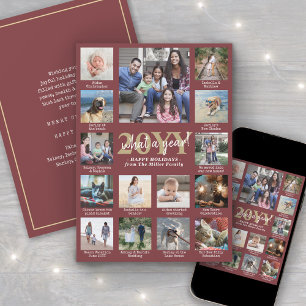 Script What a Year! 15 Photo Collage Burgundy Gold Holiday Card