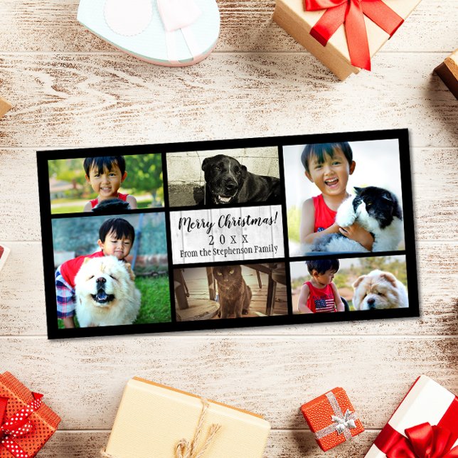 Script White Wood Six Photo Collage Christmas Holiday Card (6 photo year in review photo christmas cards)