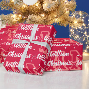 Script with Heart Merry Christmas name red Wrapping Paper
