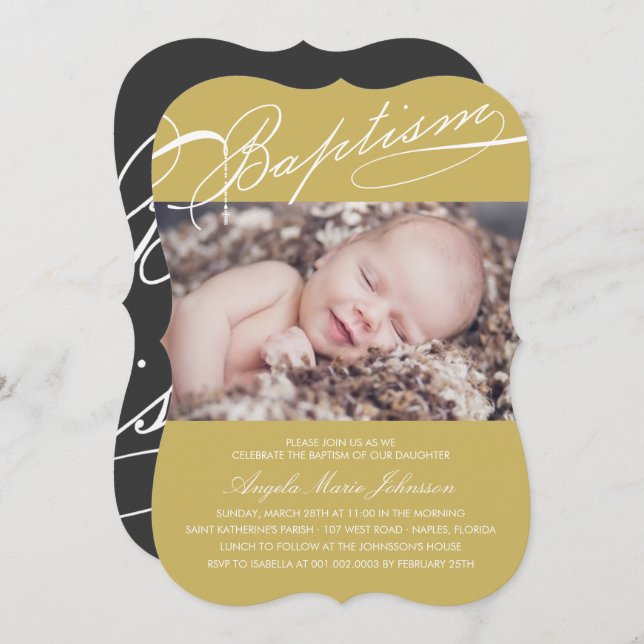Scripted Baptism Rosary Cross Gold Photo Religious Invitation (Front/Back)