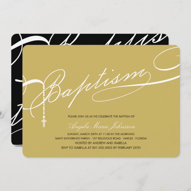 Scripted Baptism Rosary Cross Gold Religious Invitation (Front/Back)