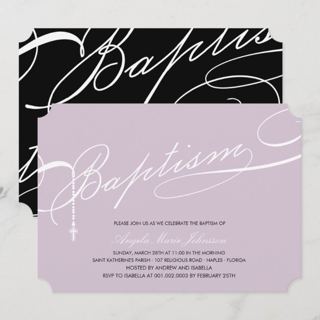 Scripted Baptism Rosary Cross Purple Religious Invitation (Front/Back)
