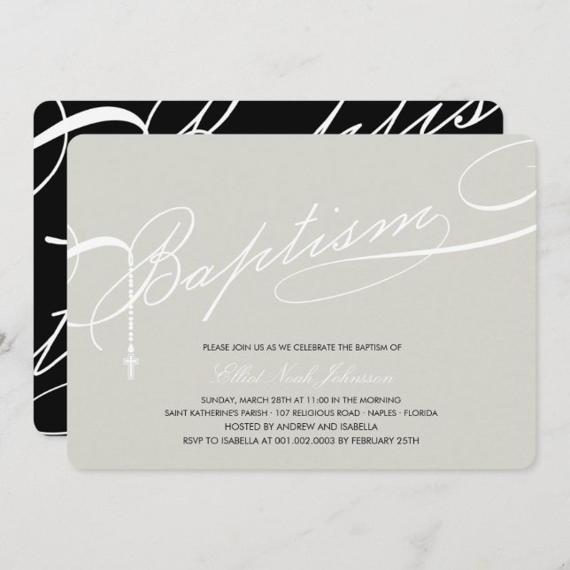 Scripted Baptism Rosary Cross Silver Religious Invitation (Front/Back)