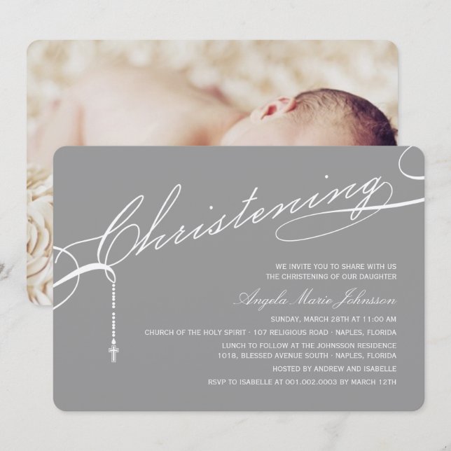 Scripted Christening Cross Grey Photo Religious Invitation (Front/Back)