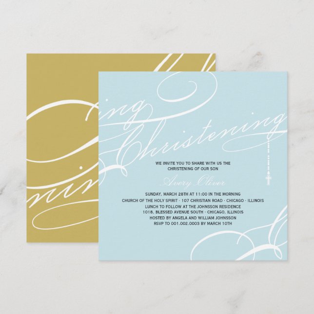 Scripted Christening Modern Cross Blue Religious Invitation (Front/Back)