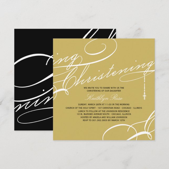 Scripted Christening Modern Cross Gold Religious Invitation (Front/Back)