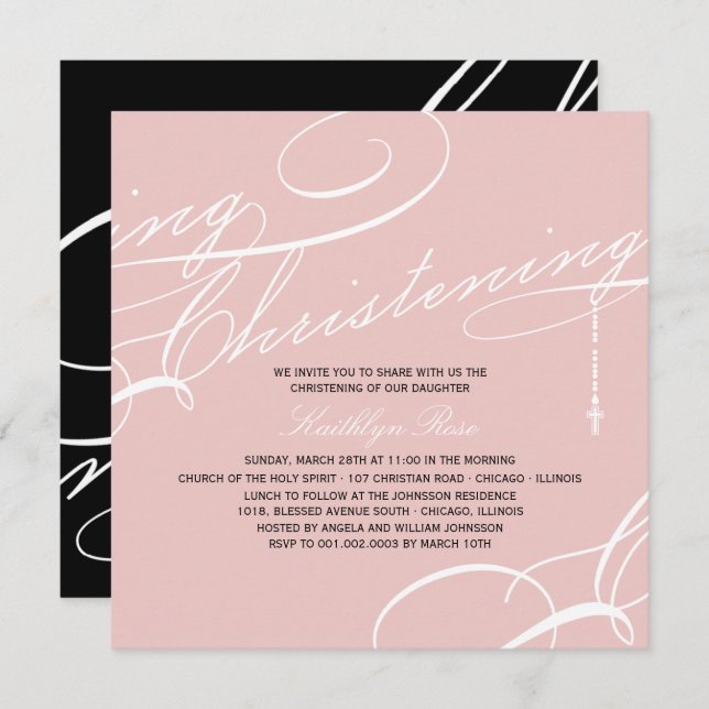 Scripted Christening Modern Cross Pink Religious Invitation (Front/Back)