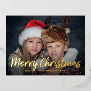 Scripted Christmas   Gold Foil with Photo Holiday Postcard