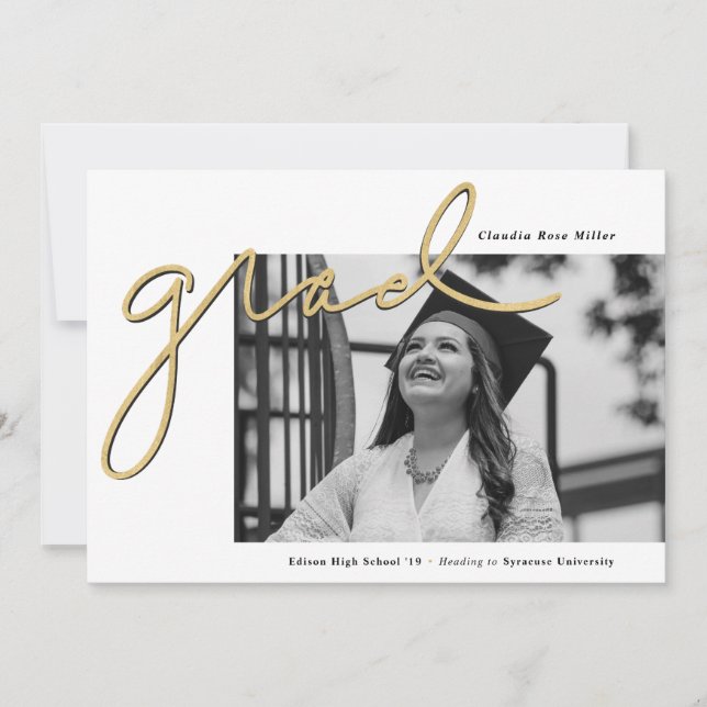 Scripted Grad Gold Photo Graduation Announcement (Front)