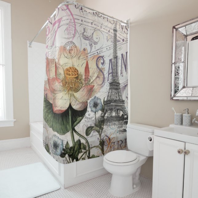 scripts french botanical lotus paris eiffel tower shower curtain (In Situ)