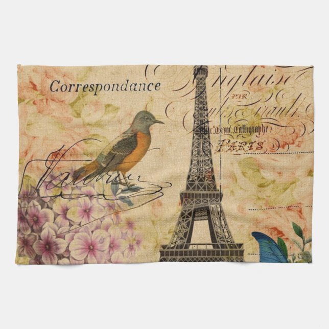 Scripts Hydrangea French Bird Paris Eiffel Tower Tea Towel (Horizontal)