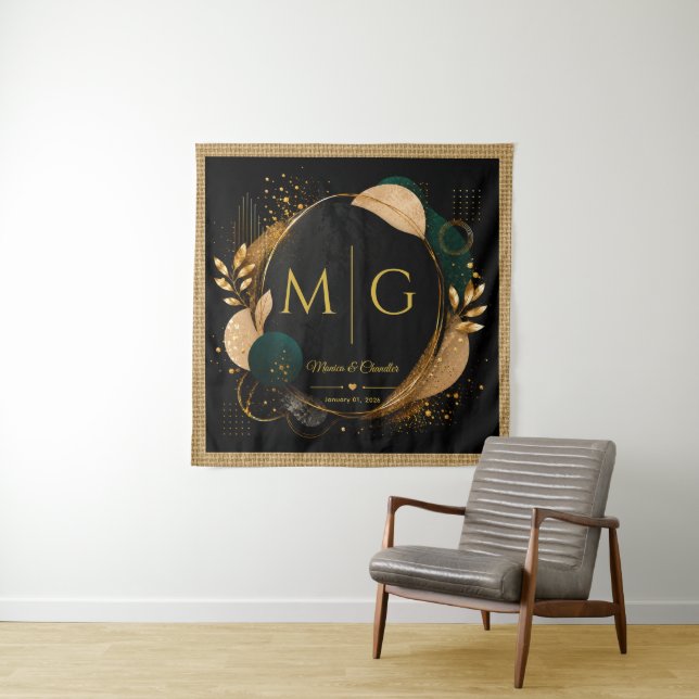 Scripts on Black Gold Abstract Frame Jute Pattern Tapestry (In Situ)